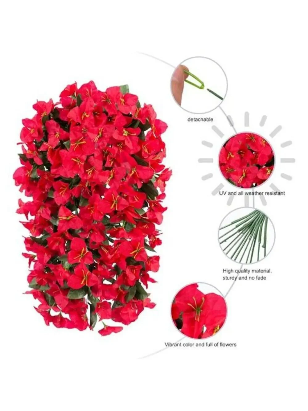 Faux Bougainvillea Flowers Outdoor Hanging UV Resistant Fake Vines Red 2 Pack